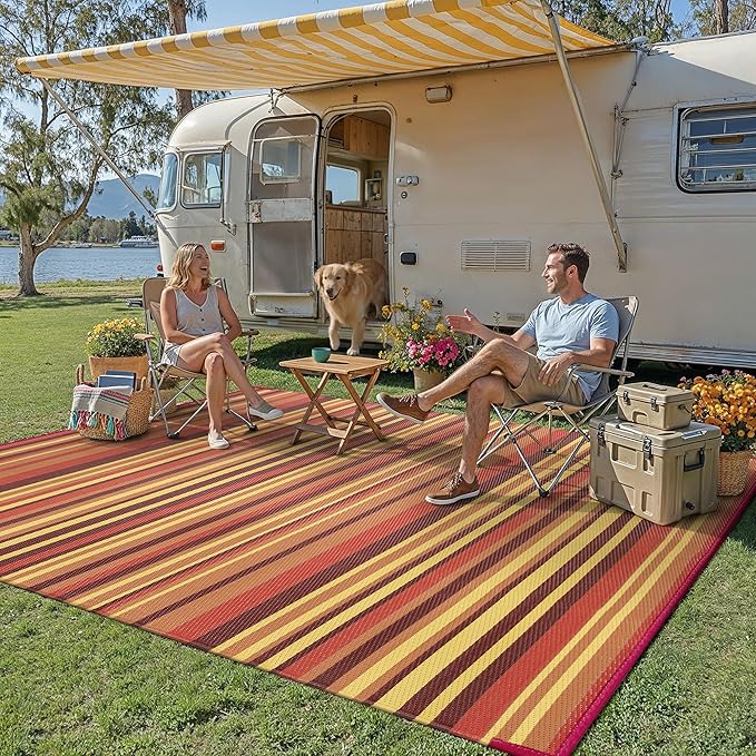 Outdoor Plastic Straw Rug Waterproof Patio 9x18 Red Orange Stripe Mat - Image 3
