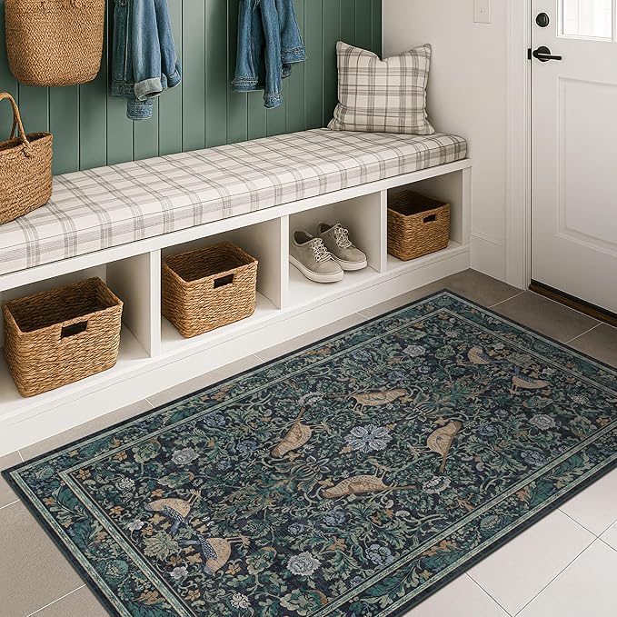 Vintage Large Entryway Rugs Indoor, 3x5 Washable Blue and Green Floral Rugs by HazoHaus