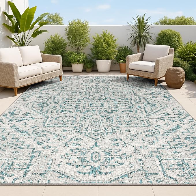 JONATHAN Y Boho Medallion Indoor Outdoor Area Rug 3X5 Teal/Gray, Estrella by JONATHANY