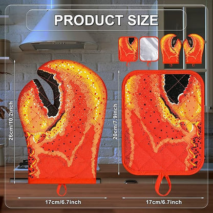 4 Pcs Lobster Claw Oven Mitts and Pot Holders Quilted Cotton Lining Design Heat - Image 2