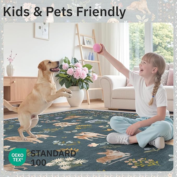 Soalmost Dog 6x9 Area Rugs for Living Room, Machine Washable Animal Floral - Image 5