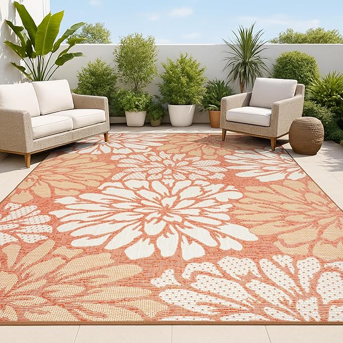 JONATHAN Y Floral Textured Weave Indoor Outdoor Area Rug 3X5 Orange/Cream by JONATHANY