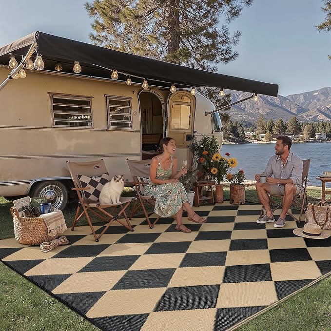 Outdoor Plastic Checkered Rug Waterproof Patio 8x10 Black Brown Diamond - Image 3