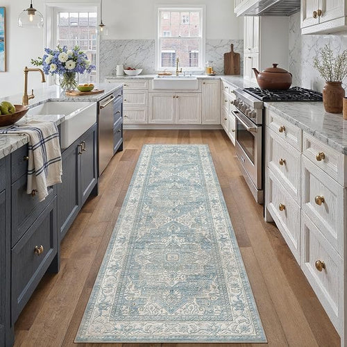 2x8 Washable Vintage Runner Rug Blue Oriental Hallway Kitchen Throw Rug Neutral by WondRg