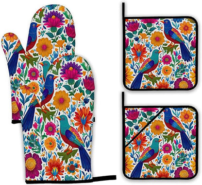 Colorful Bird Oven Mitts and Pot Holders, Flowers Mexican Style Heat Resistant by Unknown