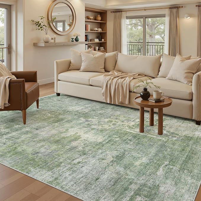 Soalmost Abstract Rug 5x7 Machine Washable Area Indoor Green Low Pile Non-Slip - Image 2
