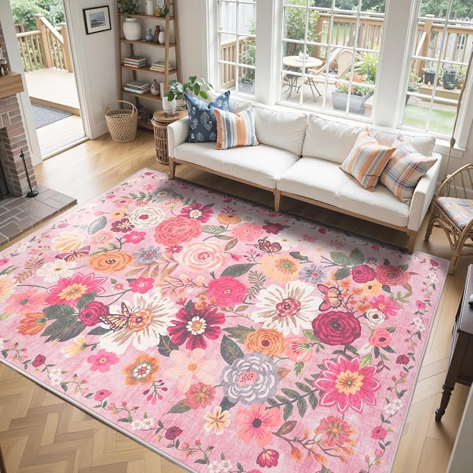 Pink Floral Bedroom Rug 5x7, Non-Slip Washable Area Rug - Image 5