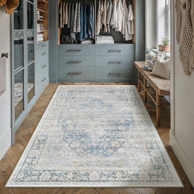 4x6 Washable Neutral Area Rug Blue Vintage Entryway Bathroom Carpet Non-Slip - Image 3