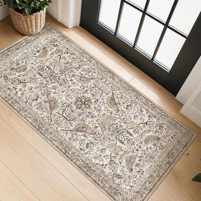 Boho Moss 2x4 Small Rugs for Entryway, Vintage Washable Low Pile & Soft Throw by HazoHaus