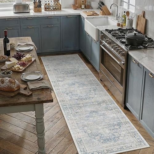 2x8 Washable Neutral Runner Rug Blue Vintage Hallway Kitchen Carpet Non-Slip by WondRg
