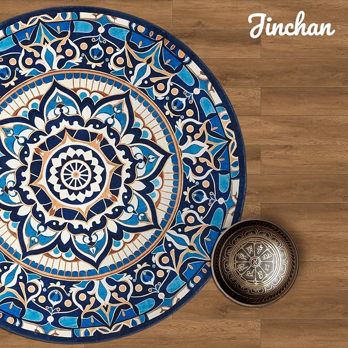 jinchan Mandala Round Rug 7ft Blue Boho Washable Rug Moroccan 7' Round Modern - Image 9