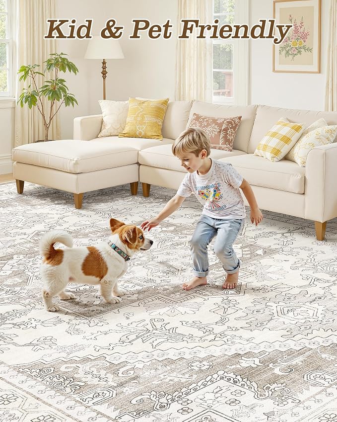 10x14 Vintage Area Rug: Washable Neutral Soft Non Slip Thin Large Floor Carpet - Image 6