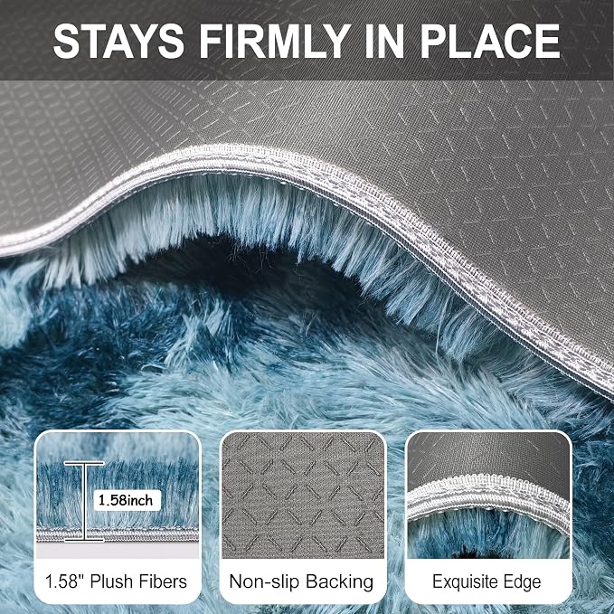 3x10ft Plush High Pile Blue Tie-Dyed Rug Fluffy Soft Runner Bedside Rug - Image 6