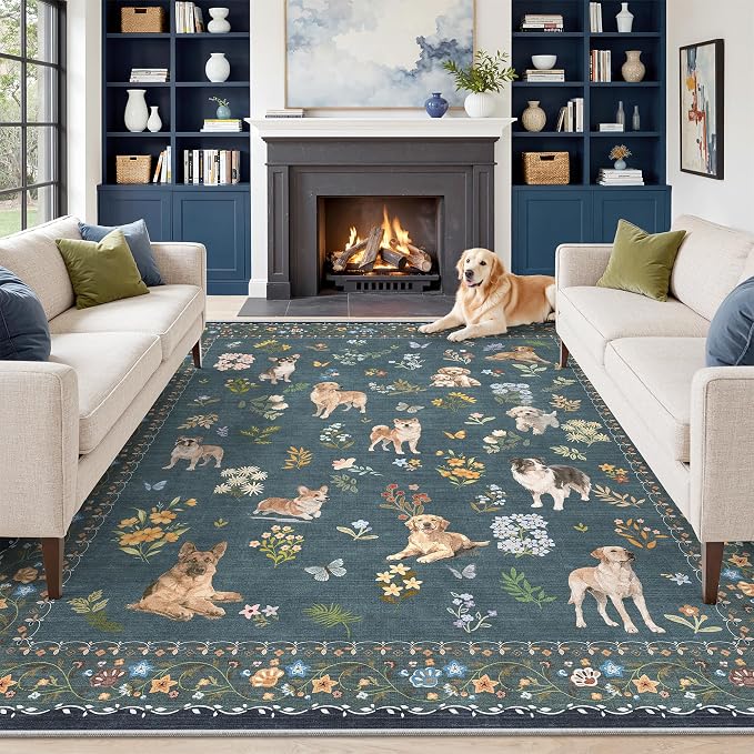 Soalmost Dog 8x10 Area Rugs for Living Room, Machine Washable Animal Floral by Soalmost