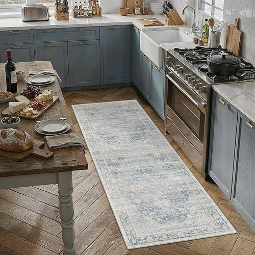 2x6 Washable Neutral Runner Rug Blue Vintage Hallway Kitchen Carpet Non-Slip by WondRg