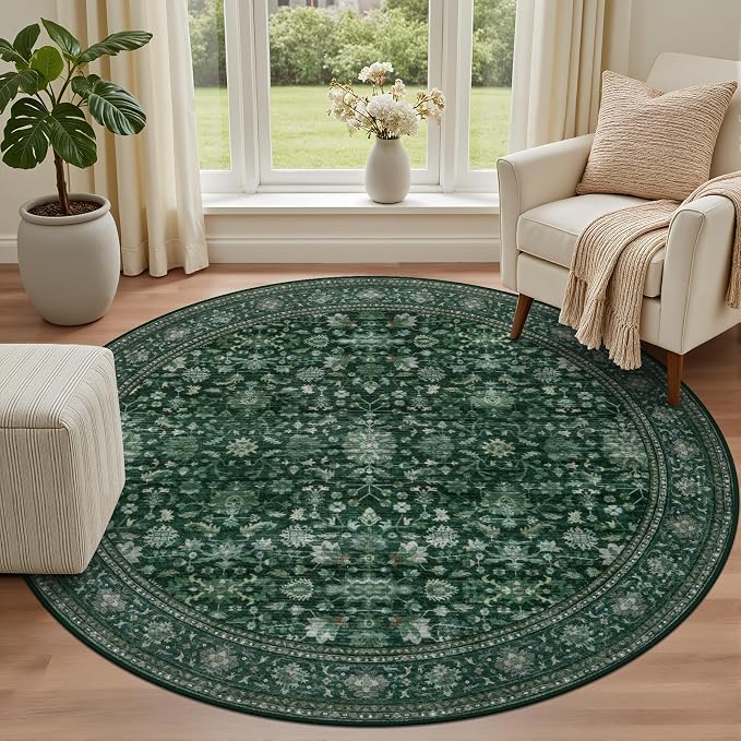 Round Area Rug for Living Room: 4 ft Washable Vintage Boho Soft Thin Circle Rug - Image 2
