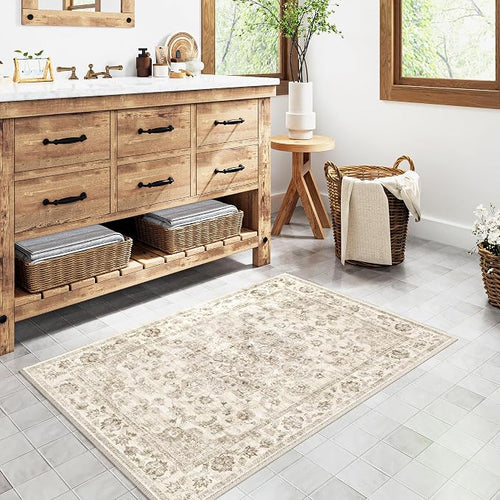 2x3 Washable Neutral Area Rug Beige Vintage Entryway Kitchen Carpet Non-Slip - Image 2