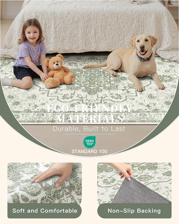 Madane 6x9 Area Rugs for Living Room, Machine Washable Vintage Green Rug - Image 4