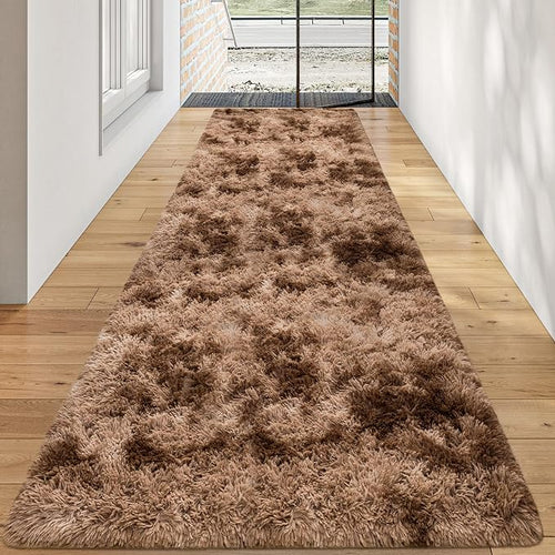 3x10 ft Plush High Pile Brown Tie Dyed Rug Fluffy Soft Runner Bedside Rug by TENNOLA