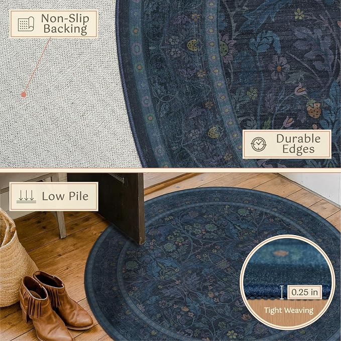 7ft Round Rug for Living Room, Dark Blue Oriental Floral Circle Area Rug - Image 5