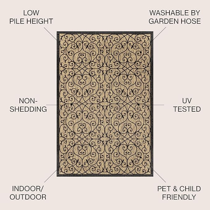 JONATHAN Y Vintage Filigree Indoor Outdoor Area Rug 5X8 Black/Khaki, Madrid - Image 2