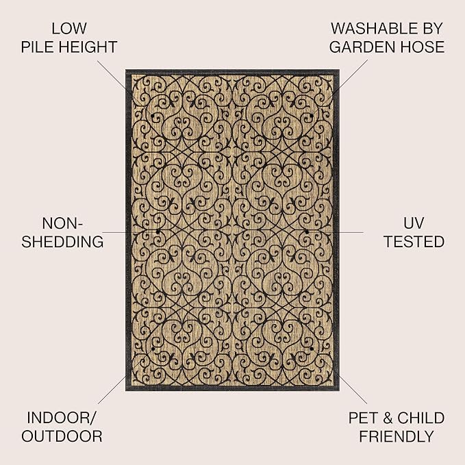 JONATHAN Y Vintage Filigree Indoor Outdoor Square Area Rug 4X4 Black/Khaki - Image 2