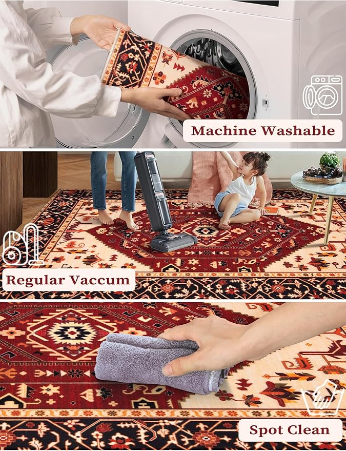 SERISSA Boho Washable Runner Rug, 2x5 Rug Runner Non-Slip Vintage Red Black - Image 2