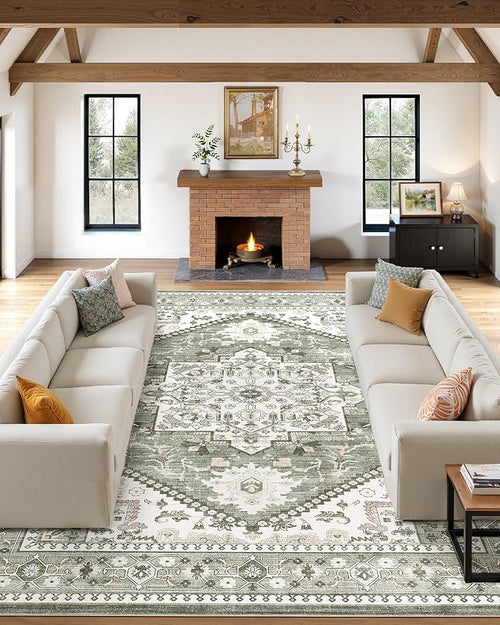10x14 Vintage Area Rug: Washable Neutral Soft Non Slip Thin Large Floor Carpet by MICGEEK