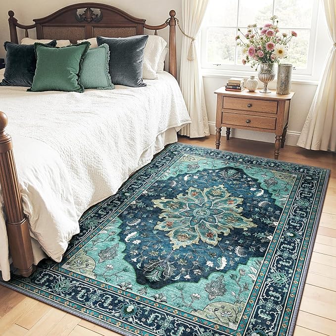 RELEANY Area Rugs 4'x6' Washable Non-Slip, Floral Vintage Distress Medallion - Image 2
