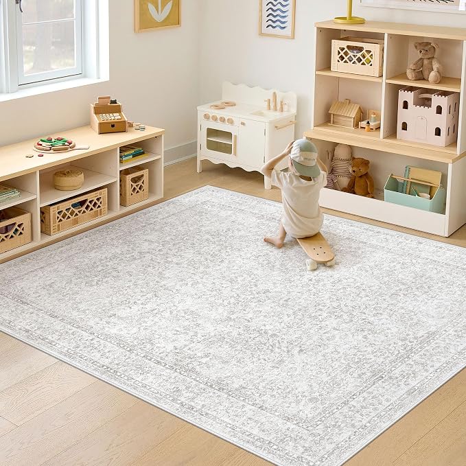 5x7 Area Rugs for Living Room: Washable Vintage Floral Rug Low Pile Non-Slip - Image 4