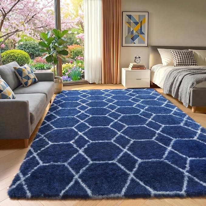 ONASAR Geometric Area Rugs 5x8 for Living Room, Fluffy Moroccan Navy and White - Image 6