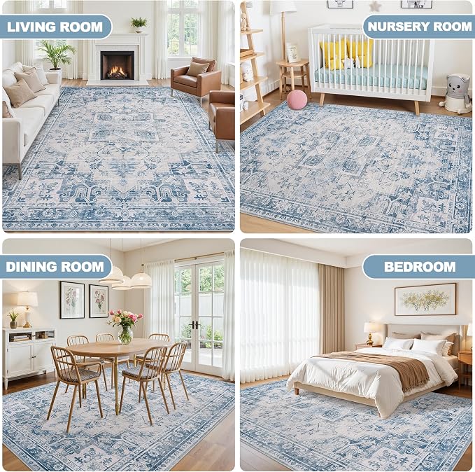 8x10 Area Rugs for Living Room:Blue Washable Vintage Medallion Boho Rug - Image 6