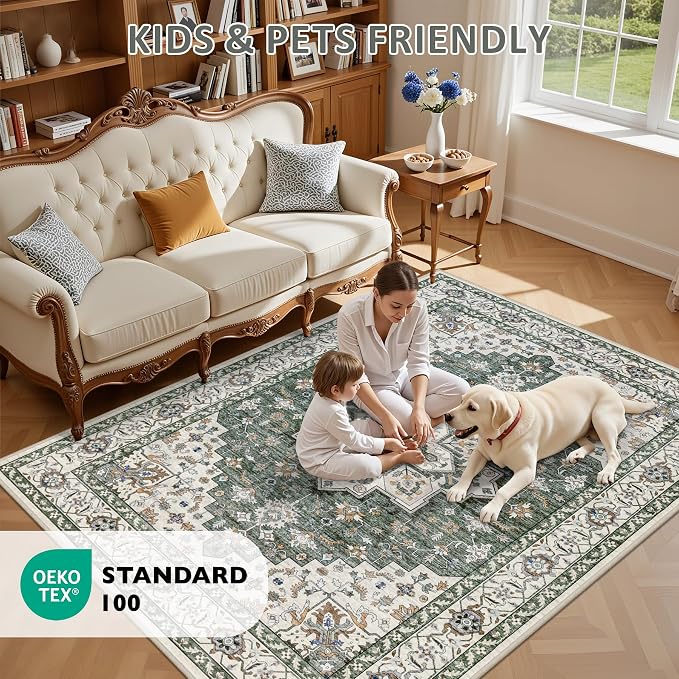 8x10 Area Rugs for Living Room: Washable Rug Soft Vintage Boho Medallion Carpet - Image 9