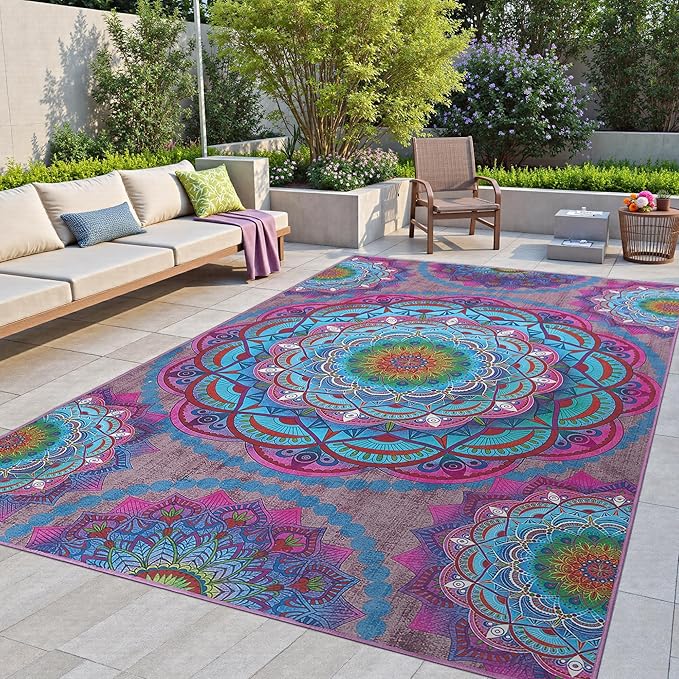 Arenarug Meditation Indoor Outdoor Rug 5x8 ft Mandala Pattern Rug Boho Style by ArenaRug
