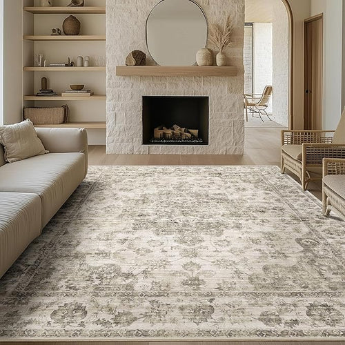 8x10 Washable Neutral Area Rug Taupe Vintage Living Room Bedroom Carpet by WondRg