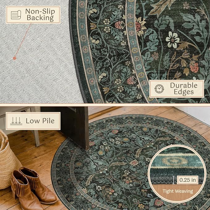 Washable 7ft Round Area Rug for Living Room, Dark Green Vintage Floral Rug for - Image 4