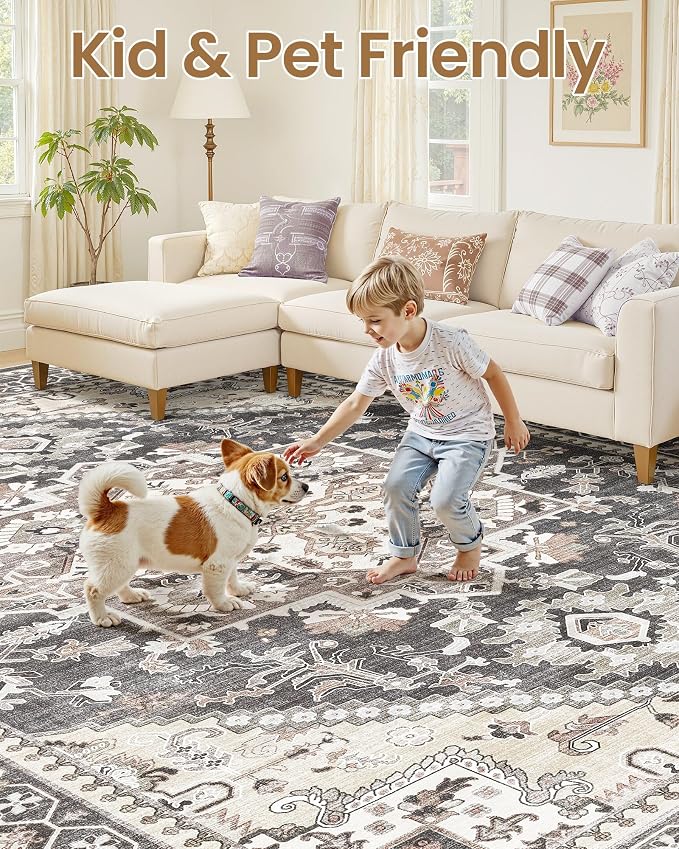 8x10 Vintage Area Rug: Washable Neutral Soft Non Slip Thin Large Floor Carpet - Image 6