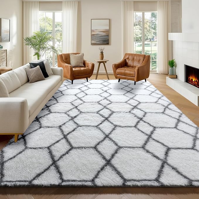 ONASAR Area Rugs for Living Room, 7x10 Fluffy White and Grey Rug for Bedroom - Image 2