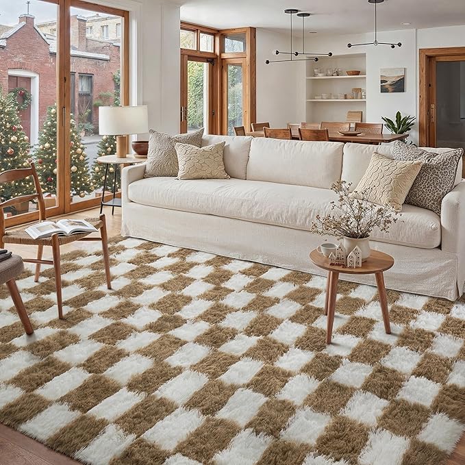 PureCozy 8x10 Area Rugs for Living Room Brown Soft Shag Checkered Large Rug - Image 5