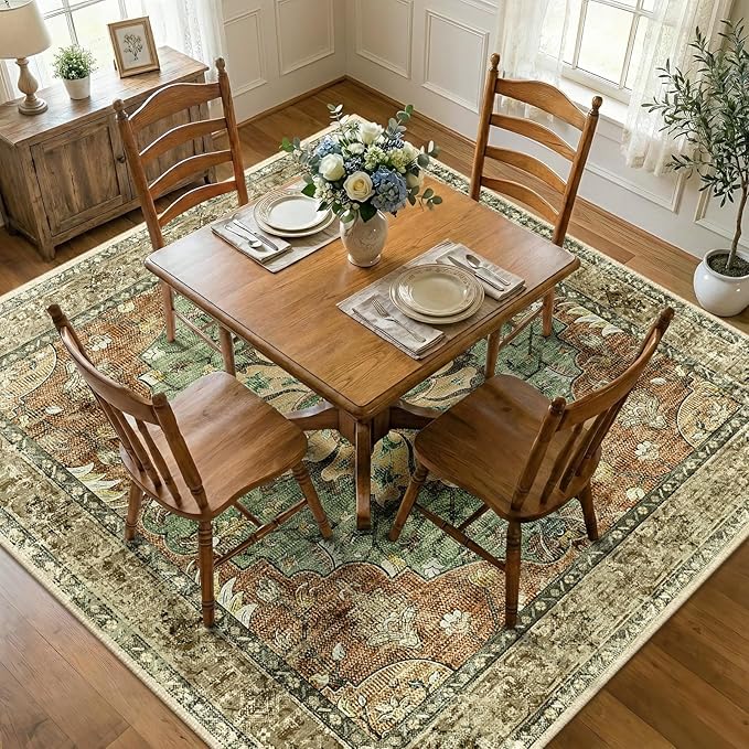 RELEANY Area Rugs Square 8ft Washable Non-Slip, Floral Vintage Distress by RELEANY