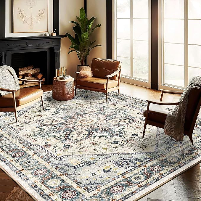 CHAMPLANT Washable Area Rug 10'x14' Cyan Khaki Retro Flowers Boho Design by CHAMPLANT