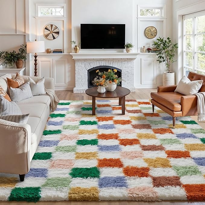 PureCozy Checkered Rug 9x12 for Living Room, Modern Neutral Shag Rug Washable by PureCozy