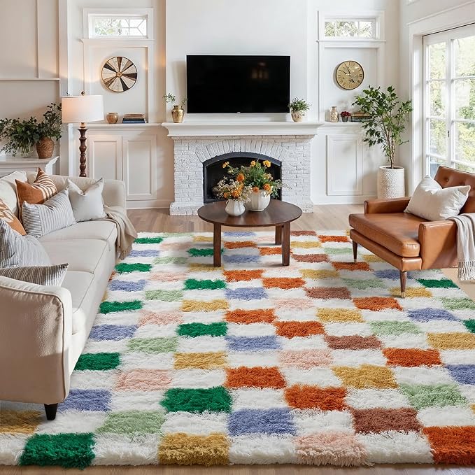 PureCozy Checkered Rug 8x10 for Living Room, Modern Neutral Shag Rug Washable by PureCozy