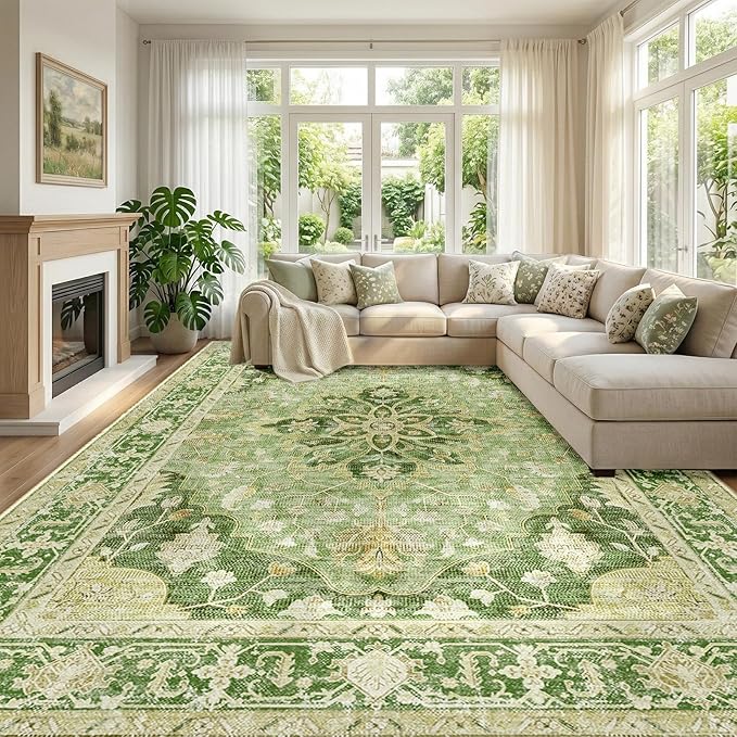 RELEANY Area Rugs Large 10'x12' Washable Non-Slip, Floral Vintage Distress by RELEANY