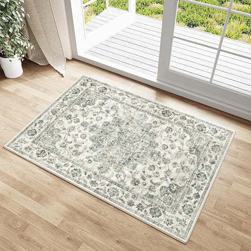 2x3 Washable Neutral Area Rug Green Vintage Entryway Kitchen Carpet Non-Slip by WondRg