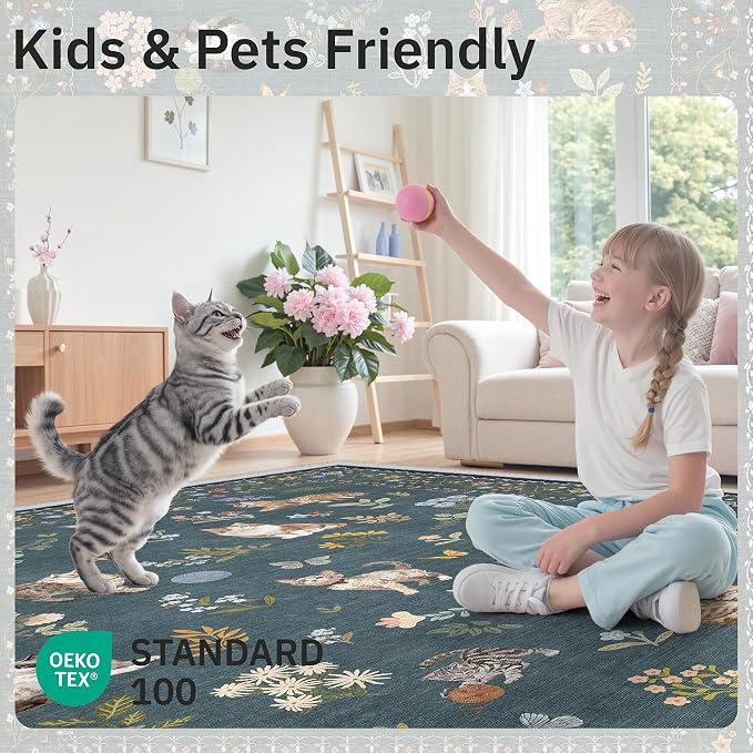 Soalmost Cat 9x12 Area Rugs for Living Room, Machine Washable Animal Floral - Image 4