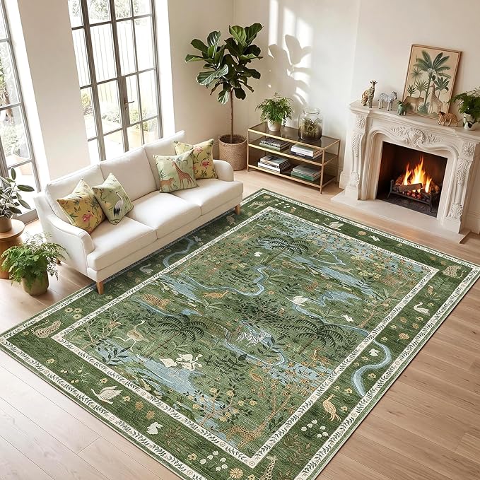 8x10 Washable Rug for Living Room Green Animal Print Large Bedroom Rugs Non by Garvee
