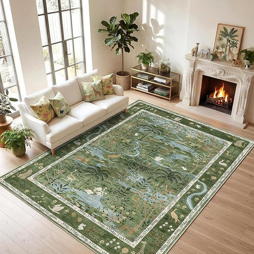 8x10 Washable Rug for Living Room Green Animal Print Large Bedroom Rugs Non by Garvee