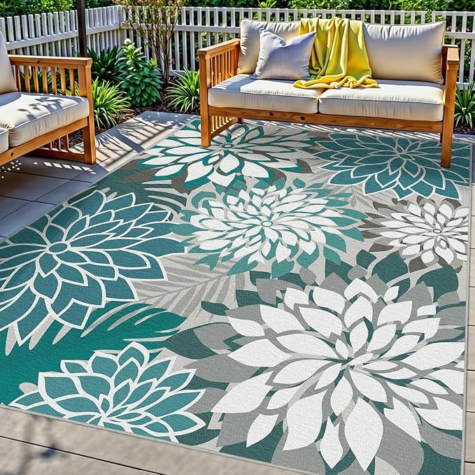 Colorful 5x8 Outdoor Area Rug Washable Multicolored Patio Rug Tropical by ArenaRug