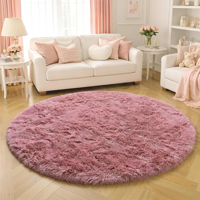 Blush Pink Big Round Rug 7Ft for Kids Bedroom, Fluffy Fuzzy Furry Circle Area - Image 5